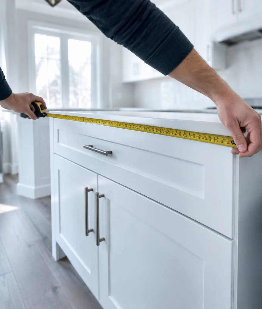 Hands measuring a new shaker cabinet in a bright modern kitchen