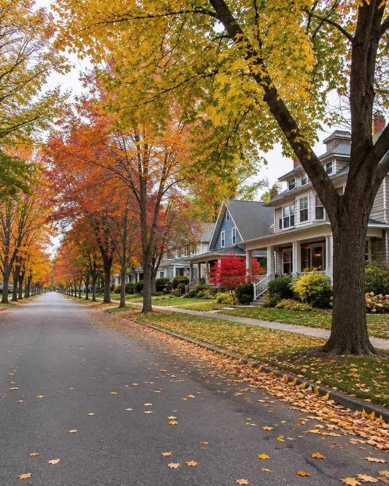 Tree-lined residential street in Portage County, Ohio, in autumn