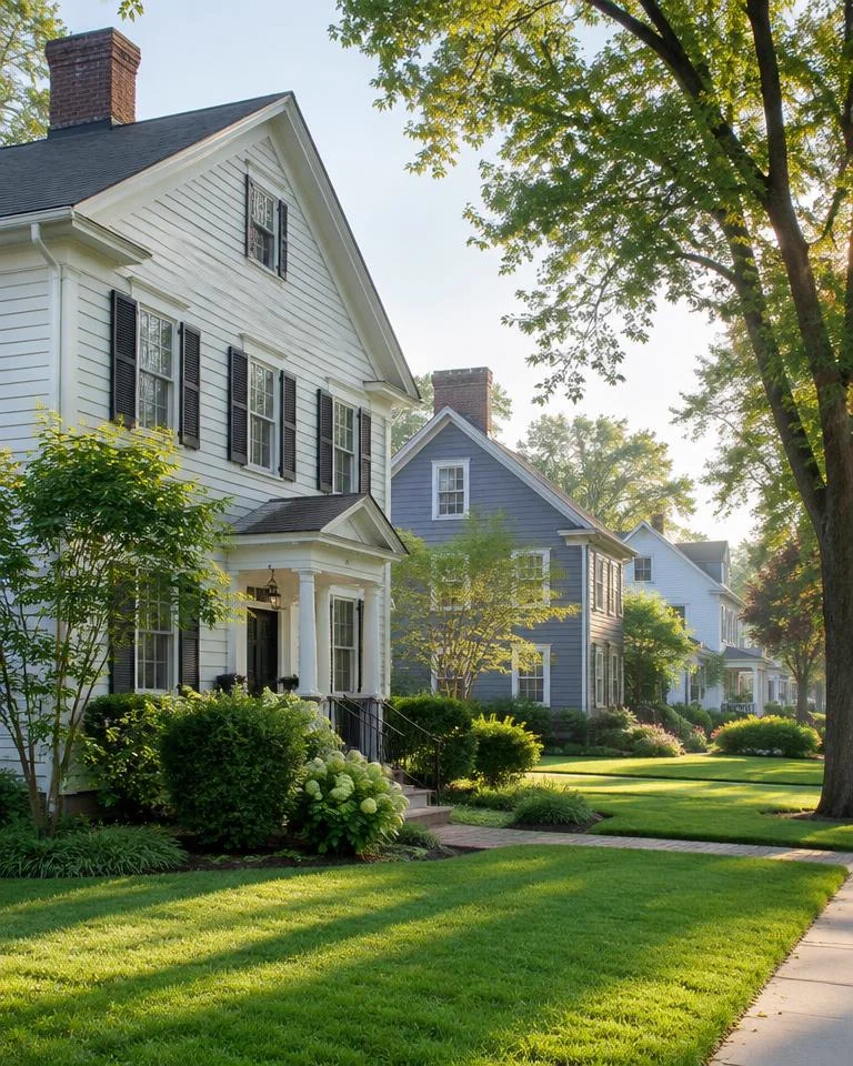 Classic homes and green lawns in Hudson, Ohio