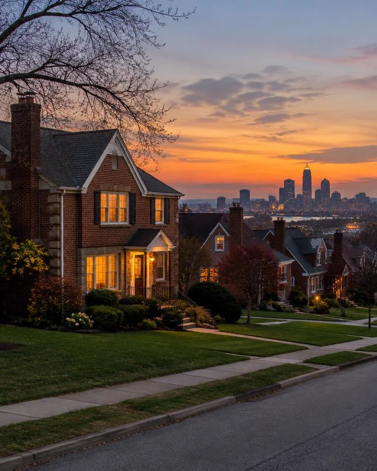 Brick-home neighborhood near Cleveland, Ohio, at dusk
