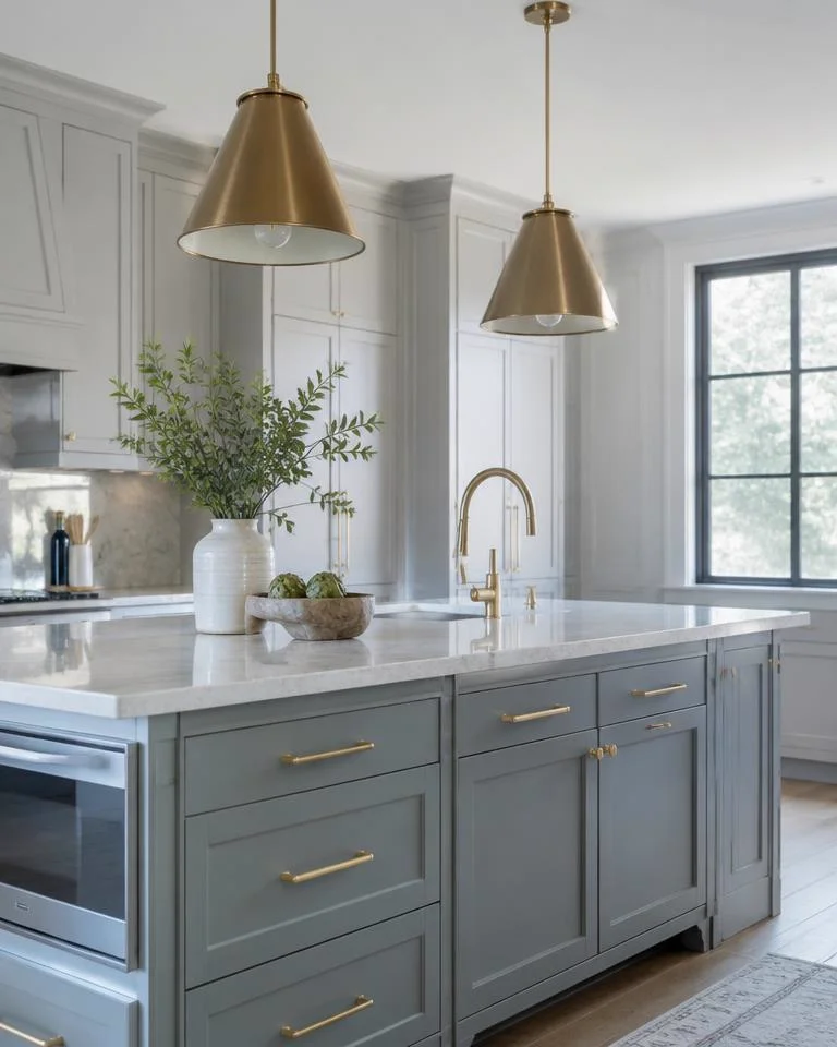 Kitchen island with brushed hardware and pendant lights