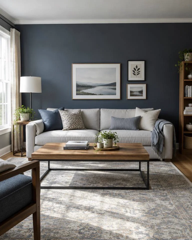 Living room accent wall in deep blue-grey