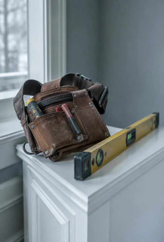 Tool belt and level on freshly finished white trim