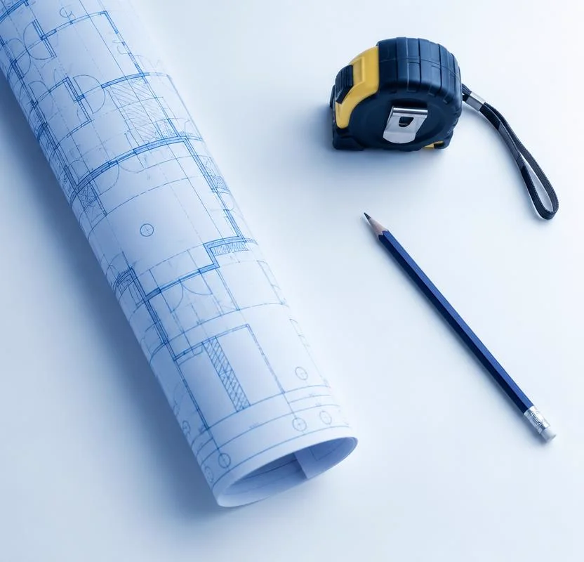Blueprint roll, tape measure and pencil